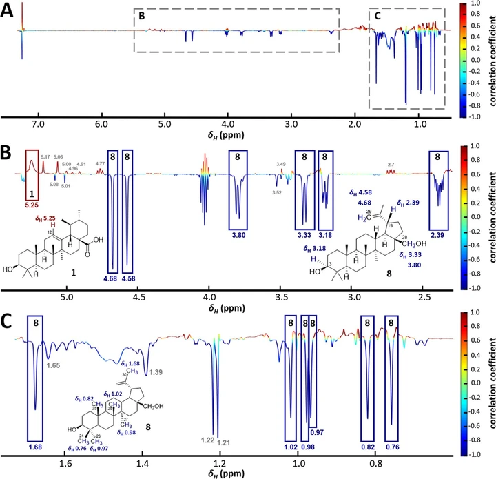 Anal. Chem. 2025, 97, 41, 22508–22517: Figure 2. (A) 1D HetCA pseudospectrum of AMF1–AMF4 depicting TGR5 bioactivity with δH resonances on the x-axis and the correlation coefficient on the y-axis. (B) Zoom into the region δH 2.30–5.50 and assignment to the involved TTs 1 and 8. (C) In the aliphatic region, only negatively correlated signals related to 8 could be determined.