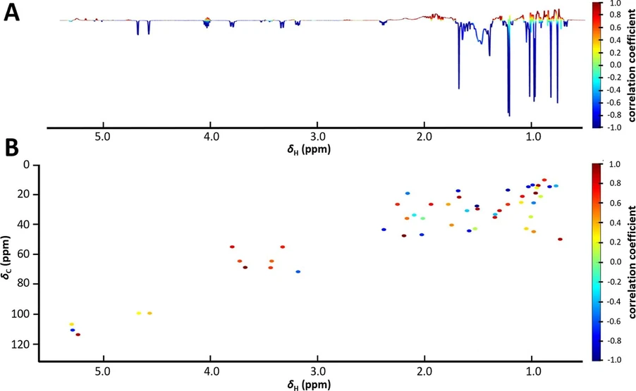 <p>Anal. Chem. 2025, 97, 41, 22508–22517: Figure 3. 1H-based 1D HetCA pseudospectrum (A) and 1H–13C HSQC-based 2D HetCA pseudospectrum (B) for TGR5 bioactivity of AMF1–AMF4. The x-axis and left y-axis of the 2D plot show the δH and δC values in ppm, the right y-axis represents the calculated correlation coefficient, color-coded from active (dark red), to inactive (dark blue) signals. Listed δH, δC value pairs see Table S4.</p>