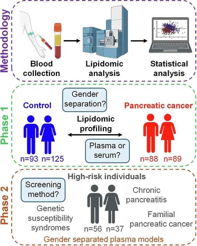 Communications Medicine, 6, 127 (2026): Fig. 1 Overview of the study design. The figure illustrates the overall study workflow, including the methodology, primary research questions, and cohort structure across individual phases. A prospective sample collection involves 488 subjects, comprising 218 healthy controls, 177 PDAC patients, and 93 high-risk individuals.