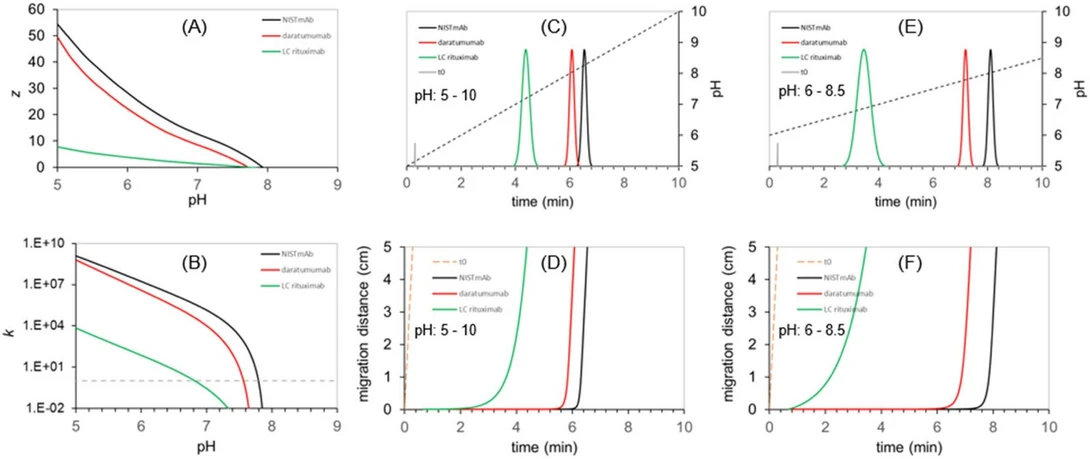 Journal of Chromatography A, Volume 1742, 2025, 465672: Fig. 1. Illustration of pH gradient elution of three test analytes (NISTmAb, daratumumab and the light chain (LC) fragment of rituximab). The model assumes a 2.1 × 50 mm strong cation exchanger column operated at F = 0.25 mL/min and running 10-minute gradients. The expected surface charge (z) and retention factors (k) are plotted as a function of mobile phase pH (A,B). Panel C and E show the chromatograms when running pH gradients 5 – 10 and 6 – 8.5, respectively. Panel D and F illustrates the evolution of solutes’ migration distance in time. (Unpublished data from the authors’ laboratory.).