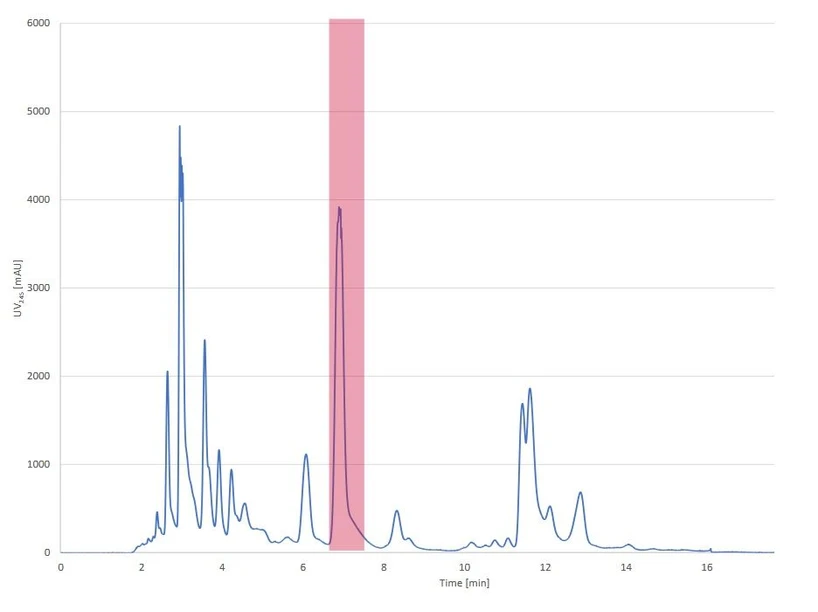 KNAUER: AZURA® Lab Prep HPLC System: Fig. 1: Chromatogram of preparative separation of chamazulene blue, collected fraction highlighted in red, 1 ml sample injection