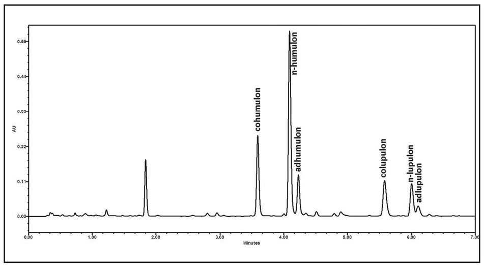 Fig. 2 UHPLC chromatogram of hop extract (Sladek variety) Chromatographic conditions: Column BEH C18 (2.1 x 50 mm I.D, particle size 1.7 μm), Waters; column temperature 25 °C; mobile phase flow 0,4 ml/min; mobile phase composition (A) TFA–water (0.1:99.9, v/v), (B) acetonitrile; gradient elution from 50% (B) to 80% (B) within 6 min, equilibration 2 min; injection volume 2 μl; UV detection at 314 nm