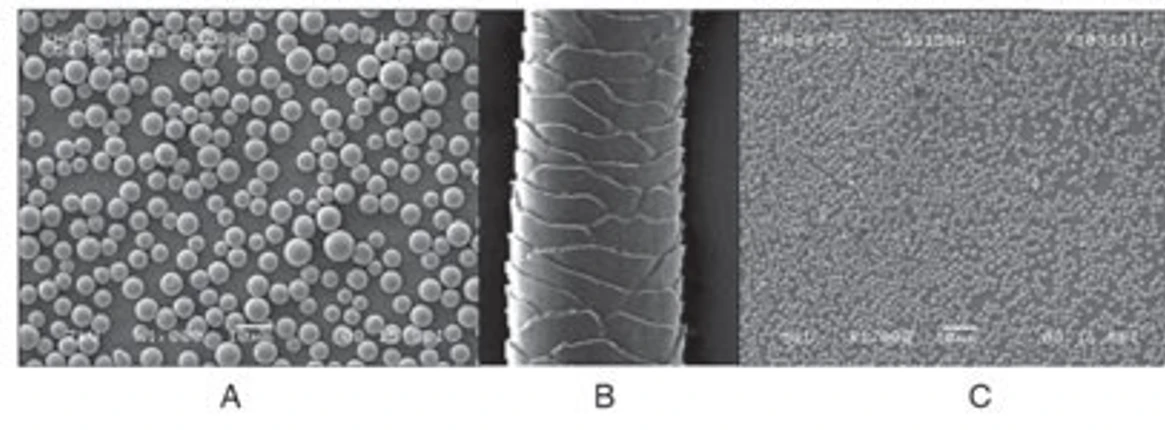 Fig. 3 Size comparison of 1.7 μm hybrid particle (C), common 5 μm particle (A) and diameter of a human hair 60 μm (B)