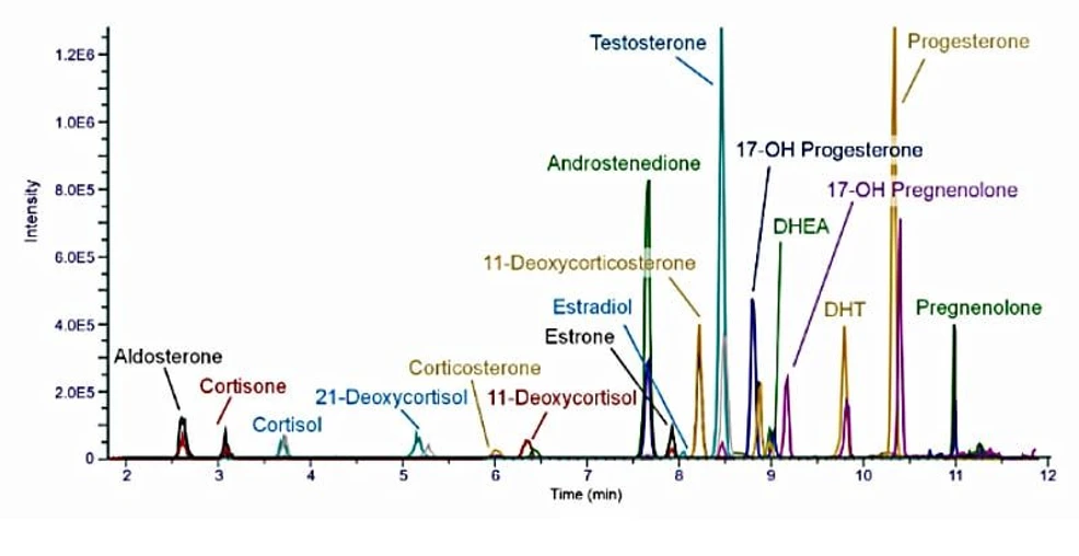 Thermo Fisher Scientific: Advancing Steroid Quantification: Unlocking Sensitivity and Selectivity with the Thermo Scientific Stellar Mass Spectrometer: Figure 1. Representative EIC of 17 steroids in human serum using the Thermo Scientific Stellar mass spectrometer.