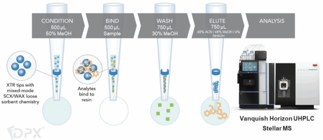 Thermo Fisher Scientific: Boosting Productivity in Toxicology Labs: Figure 2 Schematic of XTR tip extraction protocol with mixed mode SCX/WAX chemistry for INTip dispersive solid phase extraction followed by analysis using the Vanquish Horizon UHPLC system and Stellar Mass Spectrometer from TN003851. Artwork provided by DPX Technologies.
