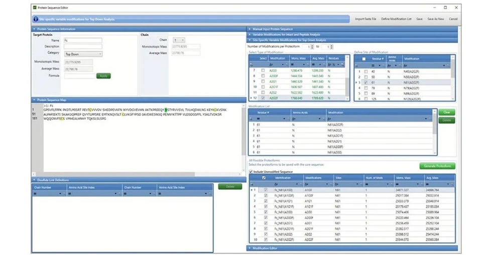 Thermo Scientific™ BioPharma Finder™ Software:  With the ProSightBP processing tool users can set variable or static sites for modification, select peak specific deconvolution parameters and even select peak specific sequence searching then let ProSightBP create the predictions. Combine the data from multi fragmentation modes including CID, HCD, ETD, EThcD, and UVPD resulting in confident identification.