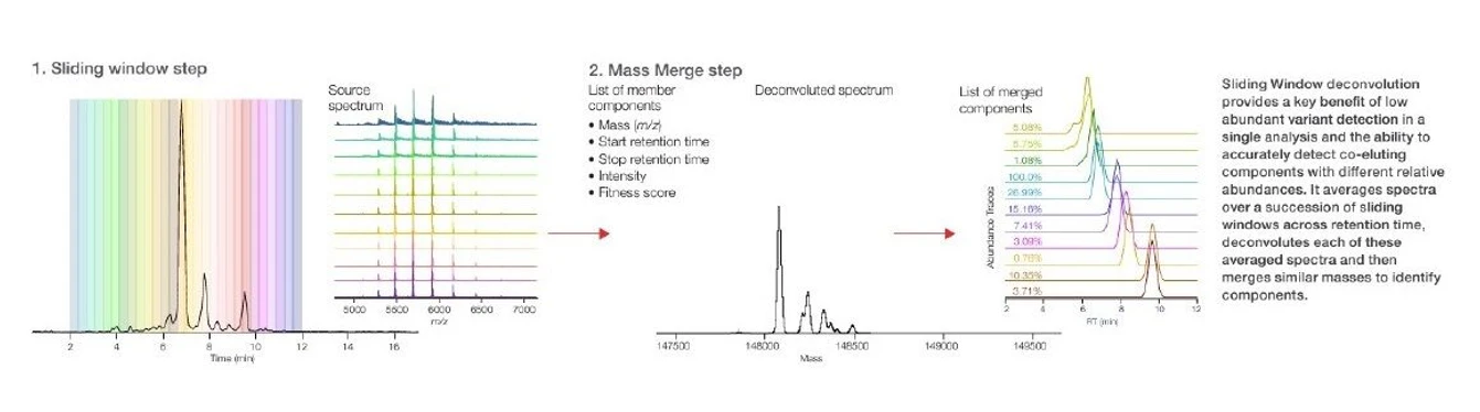 Thermo Scientific™ BioPharma Finder™ Software:  Accurately determine molecular weights utilizing the Sliding Window algorithm coupled with our optimized Xtract (for high resolution) and Respect (for lower resolution) deconvolution algorithms. Achieve comprehensive detection, even for co-eluting, low-intensity components in complex mixtures and account for any shifts in retention time.