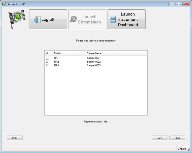 Thermo Scientific™ Chromeleon™ XPS Open Access Software: Place the sample vials in the indicated positions and select Submit.