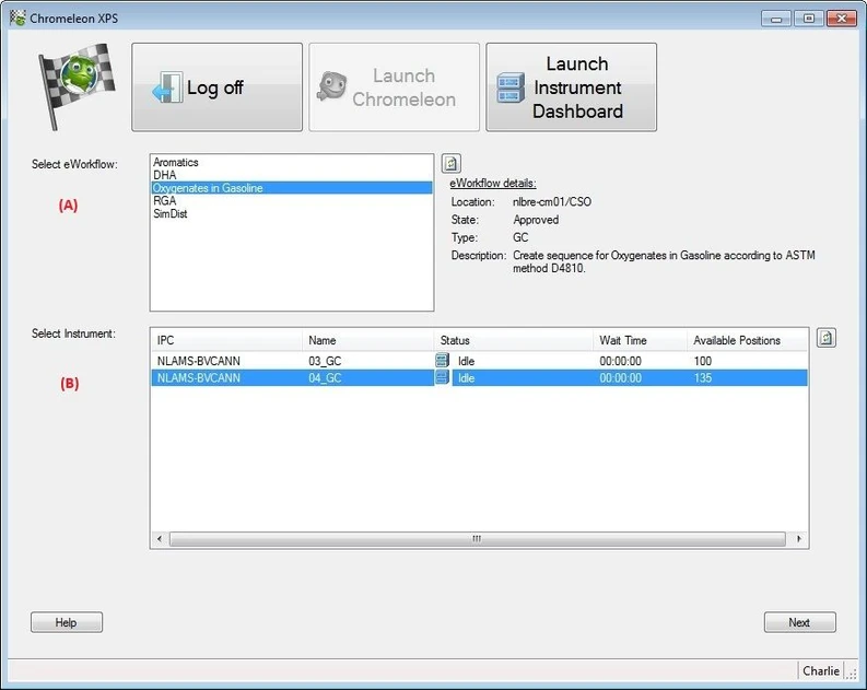 Thermo Scientific™ Chromeleon™ XPS Open Access Software: First, select the analysis to perform (A) and which instrument should be used (B). The instrument overview shows the current instrument status’ and displays the estimated wait time until each instrument is available and the number of sample positions still available.  The instrument list is filtered depending on the analysis selected and the users privileges to only show appropriate instruments.