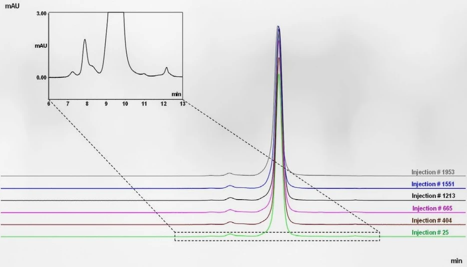 Thermo Scientific Vanquish FLEX UHPLC System: Aggregate analysis of bevacizumab using a Thermo Scientific™ MAbPac™ SEC-1 HPLC column (4.0 × 300 mm) allowing over nearly 2000 injections on the same column. Column lifetime is improved by SmartInject Technology.